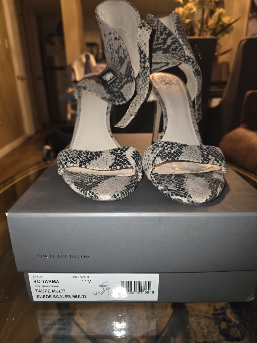 Vince Camuto Taupe Multi Snake-Print Suede Heel Sandals